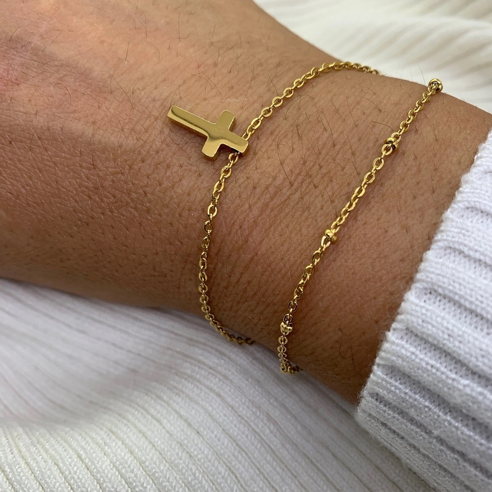 Gold Layered Cross Satellite Chain Bracelet 18KT Gold Plated